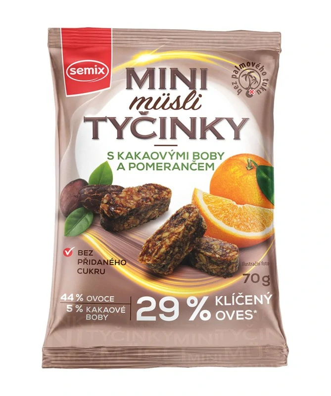 Bez lepku Mini musli tyčinky s kakaovými boby a pomerančem 70g semix