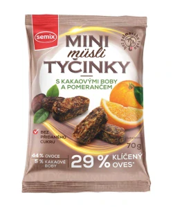 Bez lepku Mini musli tyčinky s kakaovými boby a pomerančem 70g semix